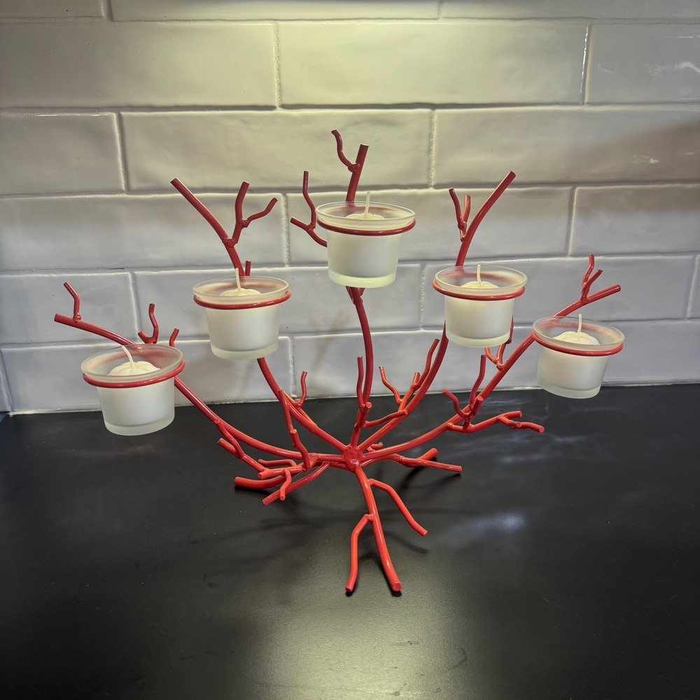Coral Branch Candelabra Candle Holder Medium Red 5-Light Coastal Decor 18in